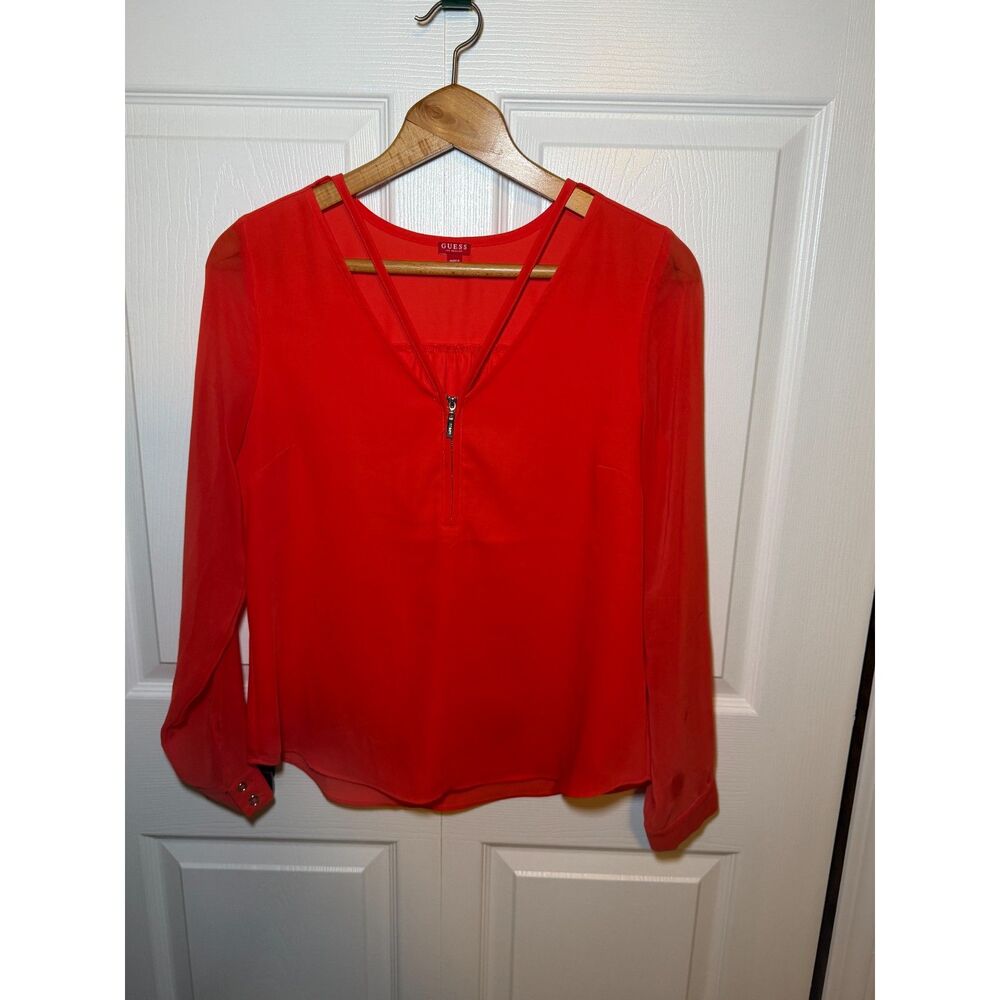 GUESS Women's Orange Red Zip Front Chiffon Sleeve Blouse Size Medium